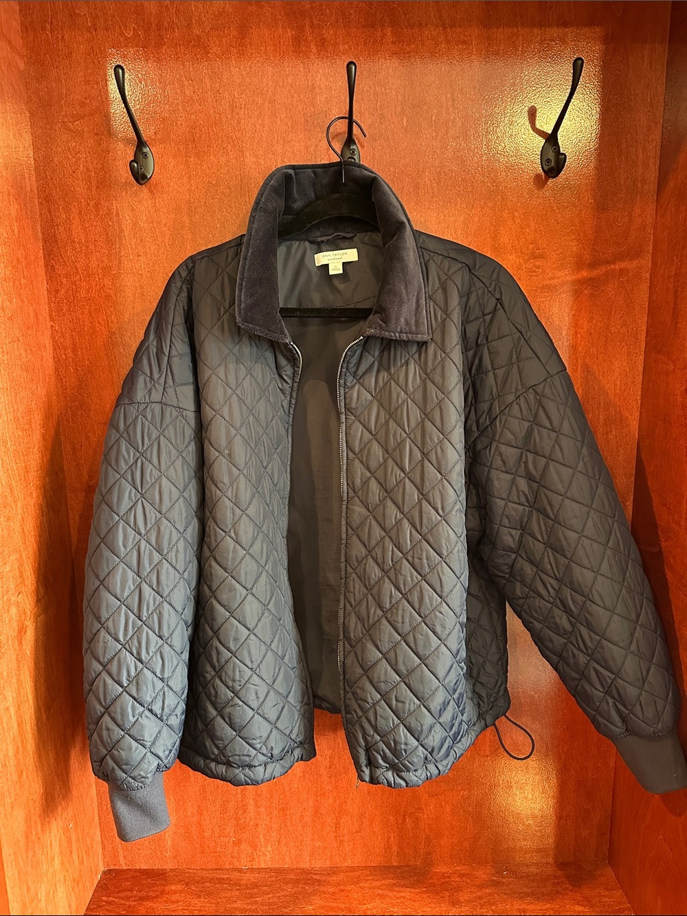 Ann Taylor Navy Quilted Corduroy-Trim Puffer Jacket Worn Once